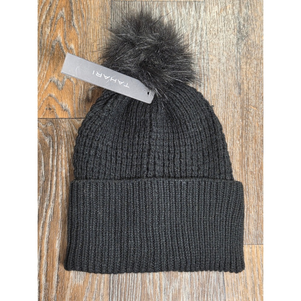 Tahari Womens Black Ribbed Knit Beanie Faux Fur Pom Pom Winter Hat NWT